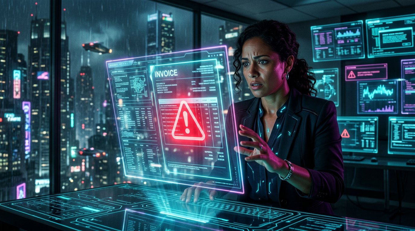 Finance professional alarmed by invoice discrepancy with red warning alert