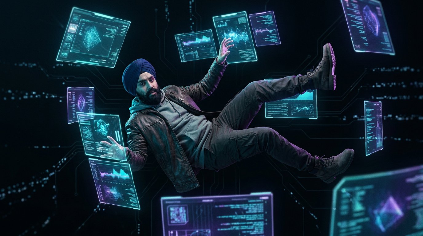 RevOps professional floating helplessly between disconnected data systems in a digital void