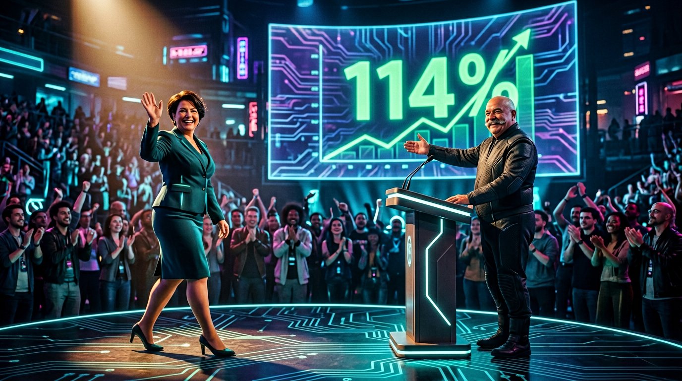 Sales leader walking on stage to applause with 114% revenue to target on the screen behind her